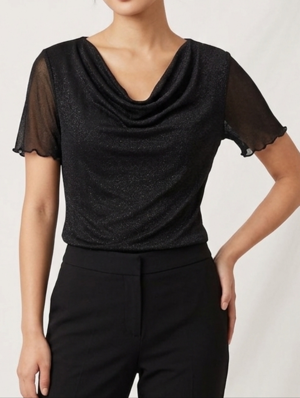 Anne Klein Black Shimmer Cowl-Neck Top with Sheer Sleeves ,#234